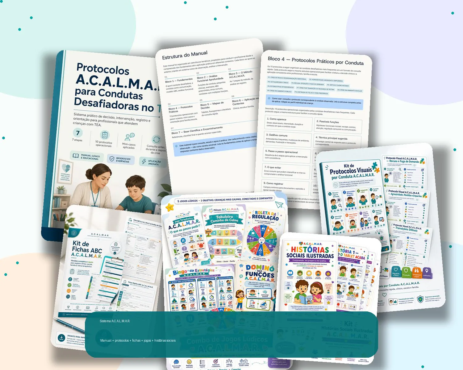 Mockup completo do Kit A.C.A.L.M.A.R. com manual, protocolos, fichas, jogos e histórias sociais