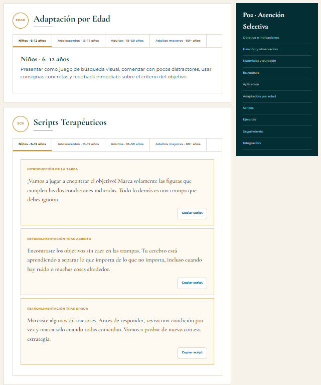 Vista interna de fichas, guiones y criterios